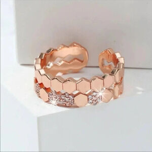 Adjustable Rose Gold Hexagon Cuff Ring | Dainty Crystal Band